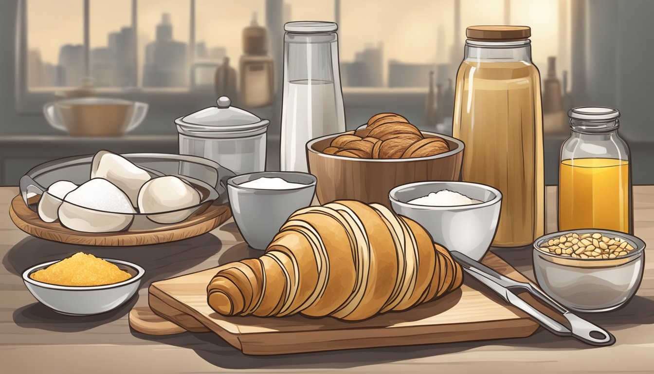 A kitchen counter with ingredients and utensils for making croissants