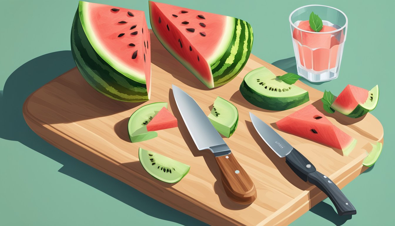 A watermelon rind being chopped into small pieces, with a knife and cutting board nearby, surrounded by fresh watermelon slices and a glass of water