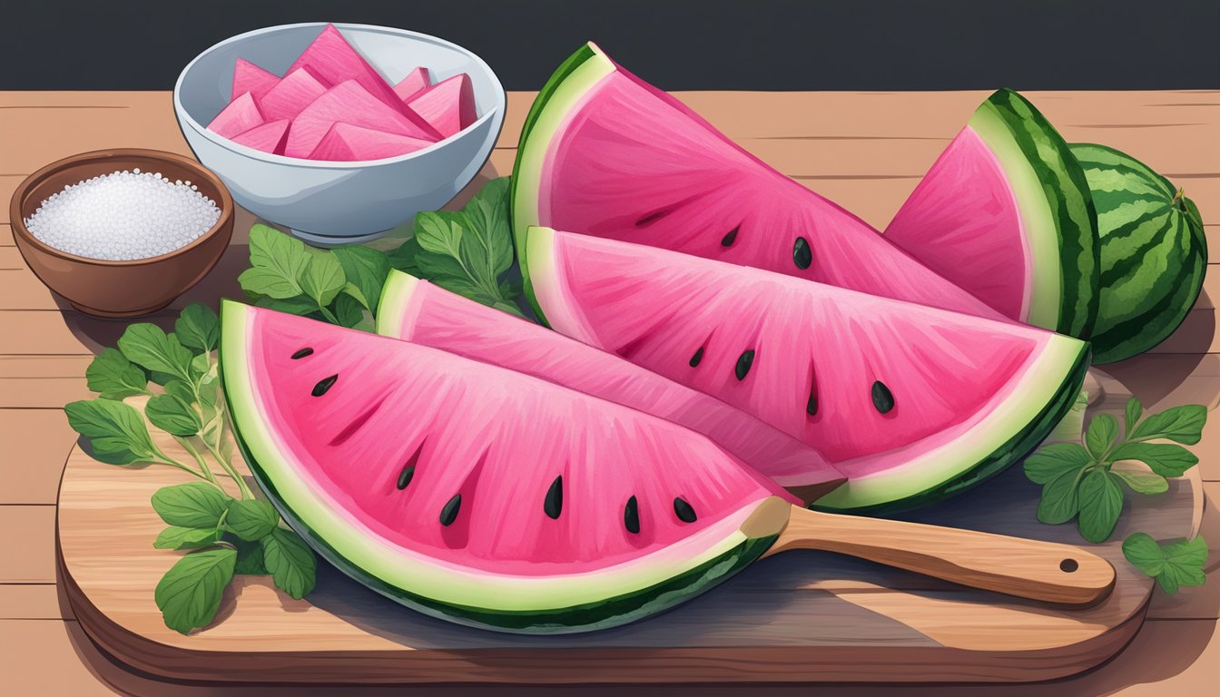 A watermelon radish sliced on a cutting board, surrounded by fresh herbs and a bowl of sea salt