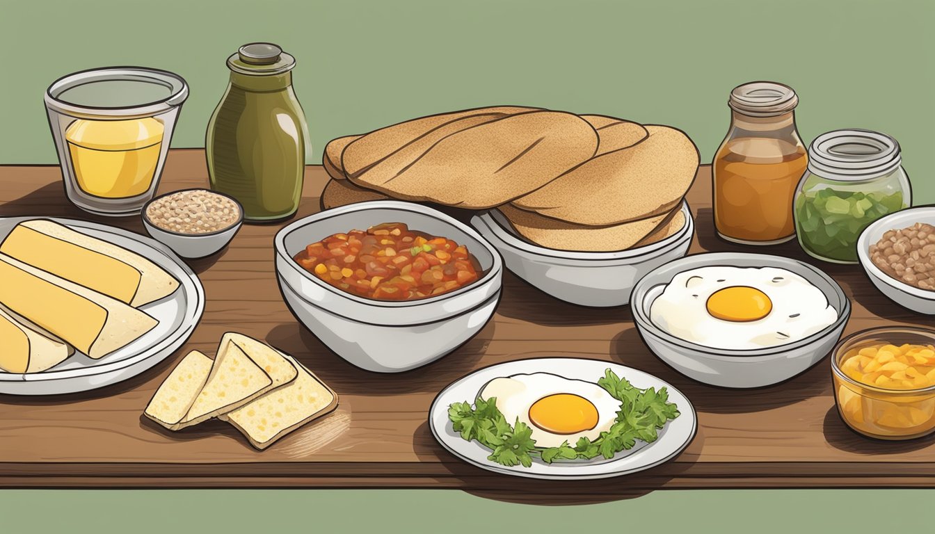 A kitchen counter with ingredients for molletes con huevo: bread, refried beans, cheese, salsa, and eggs