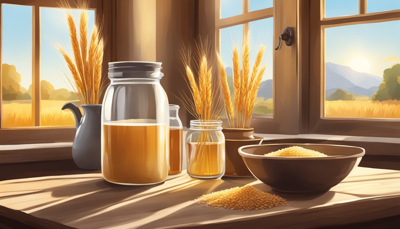 A rustic kitchen with a wooden table set with bowls of khorasan wheat, a jar of honey, and a pitcher of milk. Sunlight streams in through a window, casting a warm glow over the scene