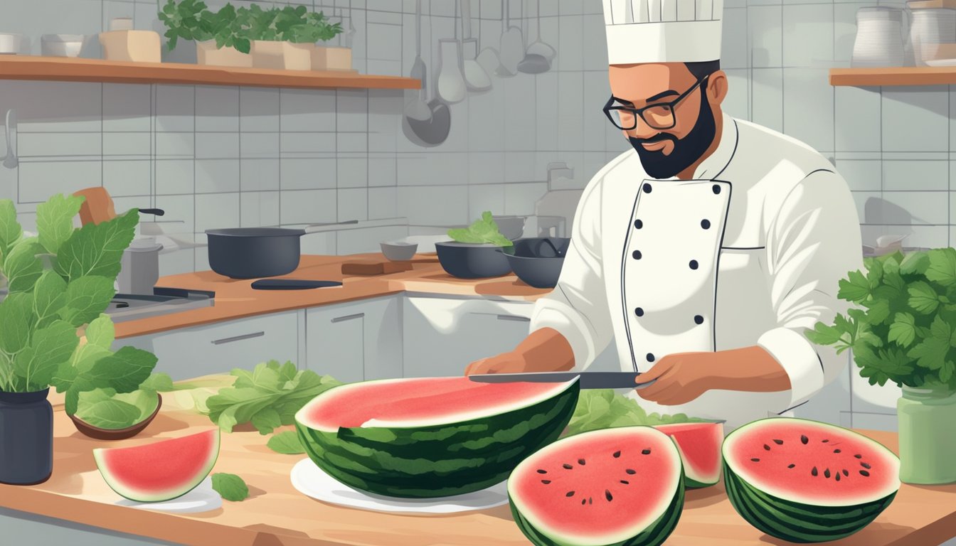 A chef slicing and preparing watermelon rind for cooking, surrounded by fresh herbs and other healthy ingredients on a clean kitchen counter