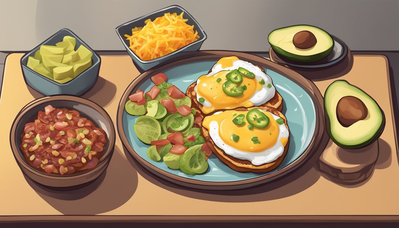 A plate of molletes con huevo topped with melted cheese, refried beans, and fresh salsa, accompanied by a side of sliced avocado and crispy bacon