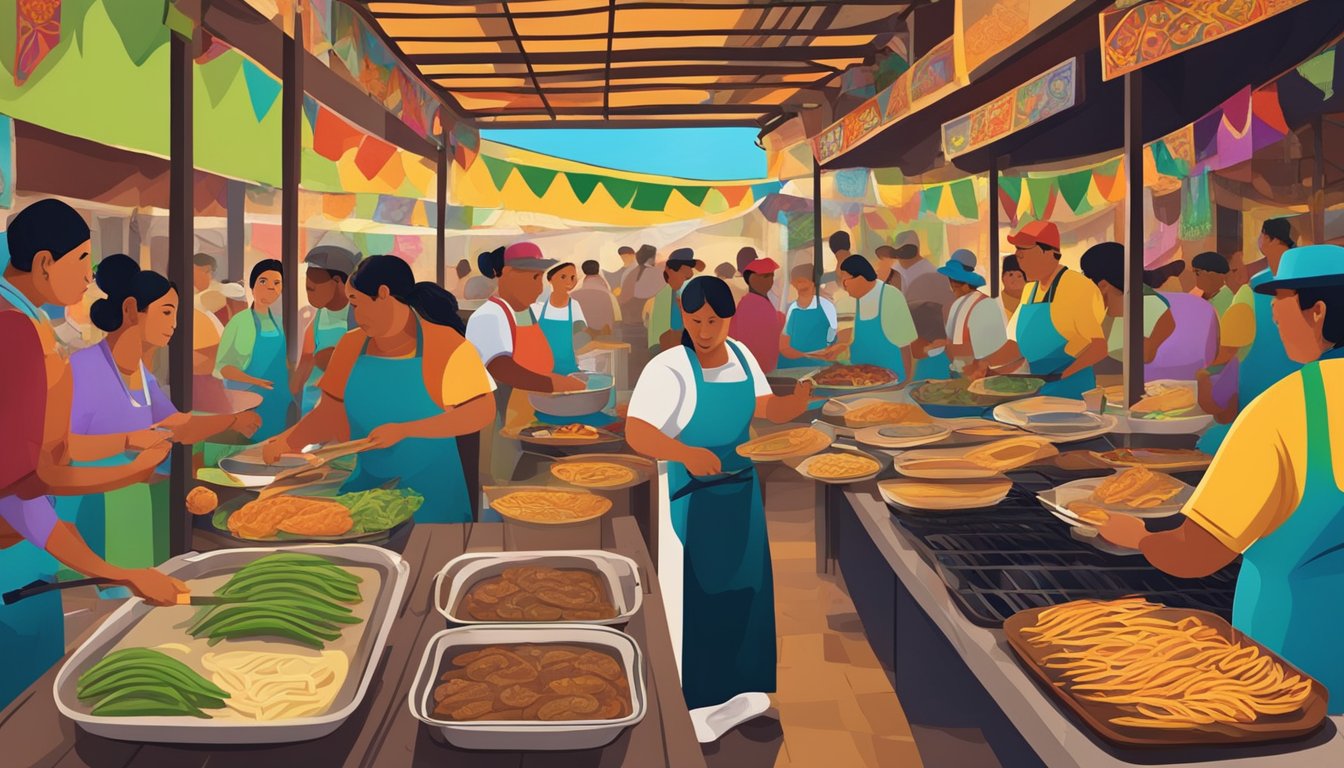 A bustling Mexican marketplace with vendors cooking up traditional huaraches on open grills, surrounded by colorful murals depicting the historical roots of the dish