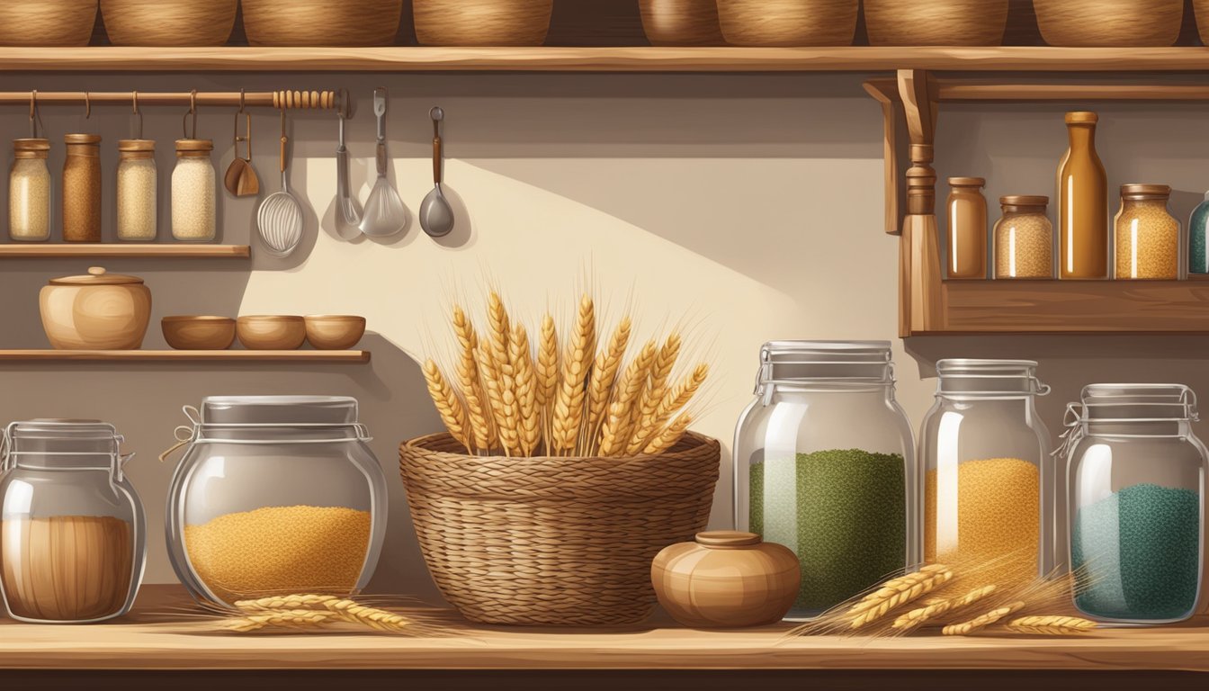 A rustic kitchen with jars of khorasan wheat on wooden shelves, a vintage scale, and a woven basket for storing the grains