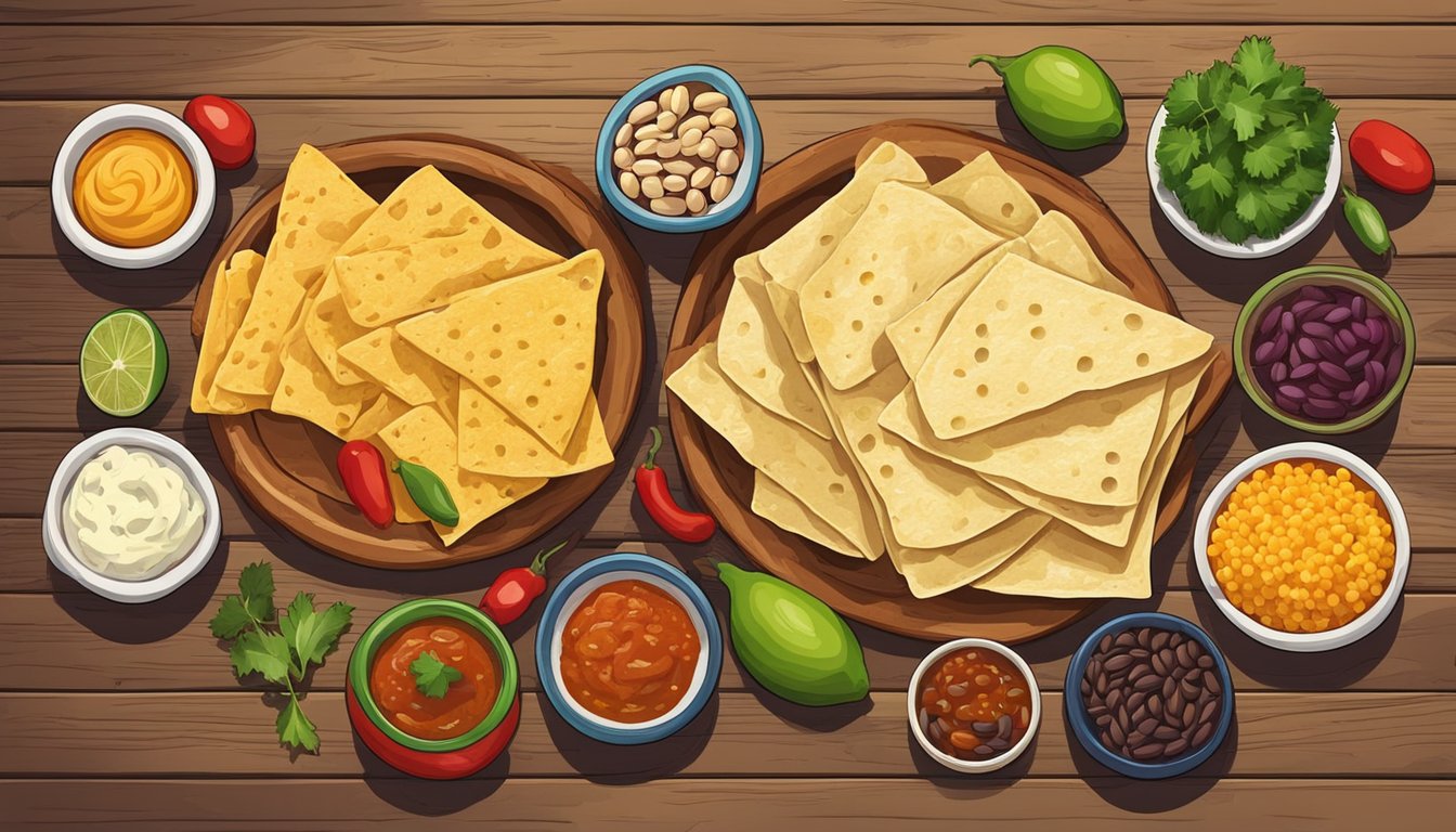 A colorful array of traditional Mexican ingredients spread out on a rustic wooden table, including beans, cheese, salsa, and freshly-made huaraches