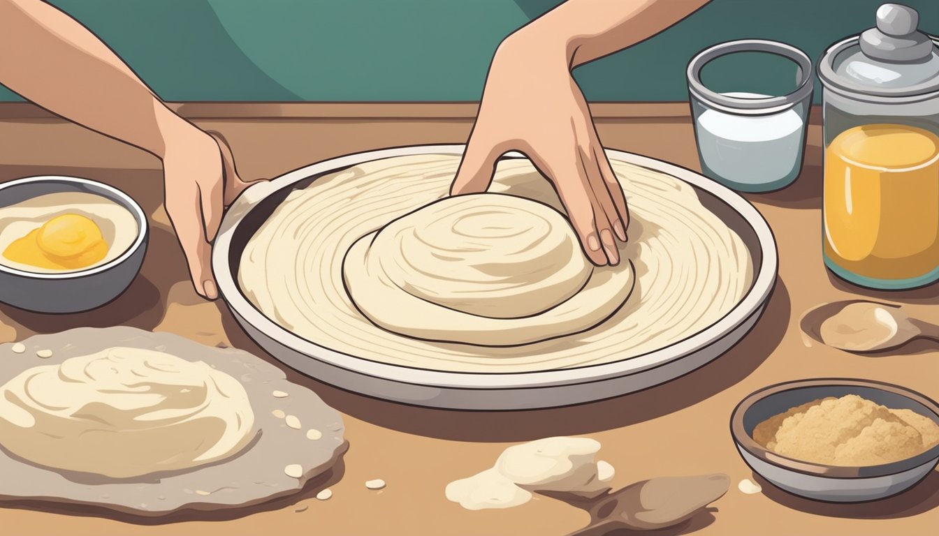 A pair of hands kneading masa dough on a floured surface, with various ingredients and utensils nearby for making breakfast huaraches