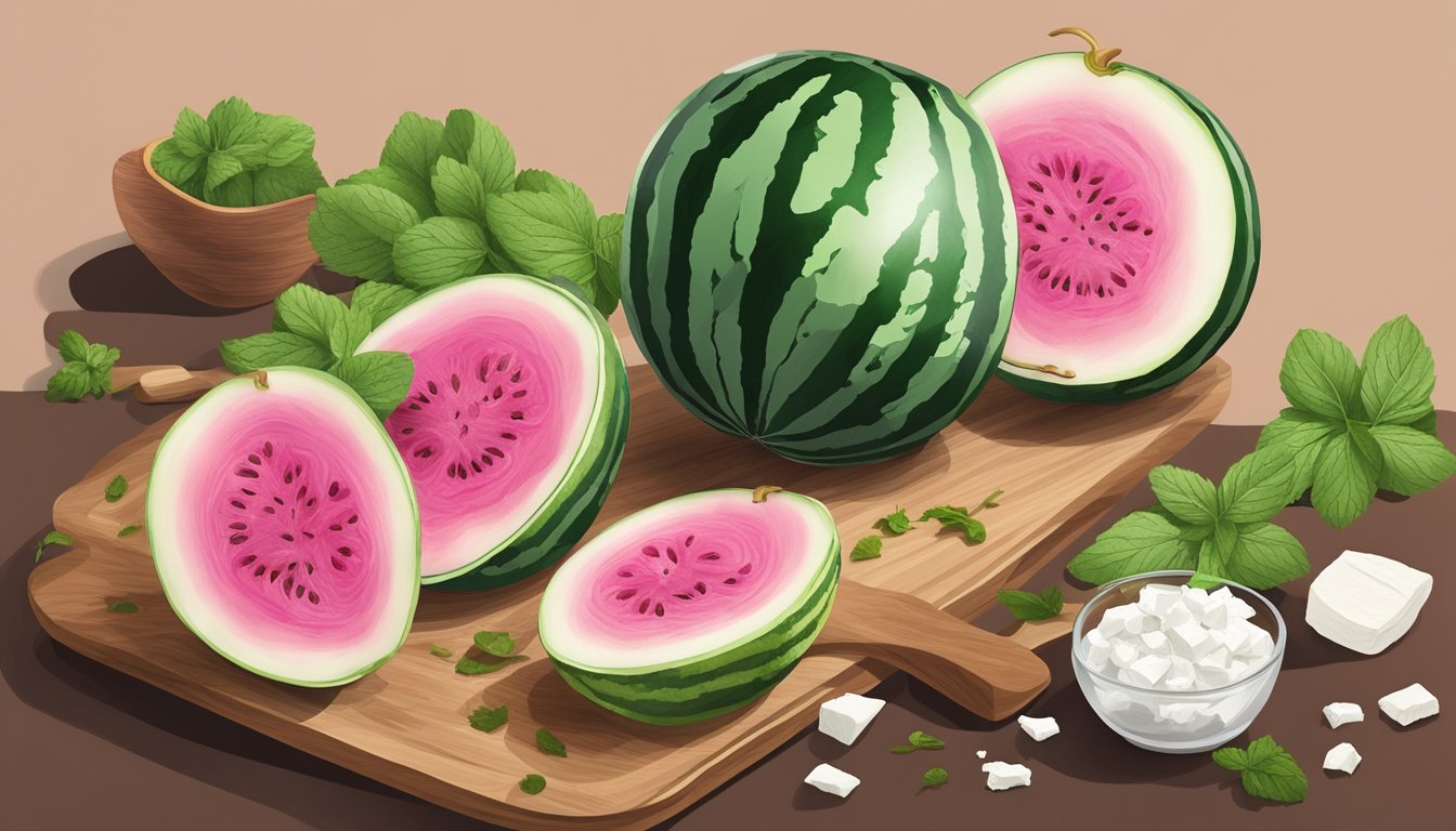 A watermelon radish being sliced and arranged with complementary ingredients like feta cheese, mint, and balsamic glaze on a wooden cutting board