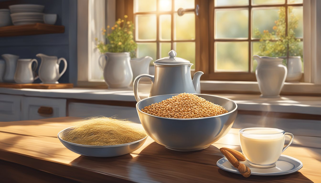 A rustic kitchen table set with a bowl of khorasan wheat, fresh berries, nuts, and a pitcher of milk. Sunlight streaming in through a window