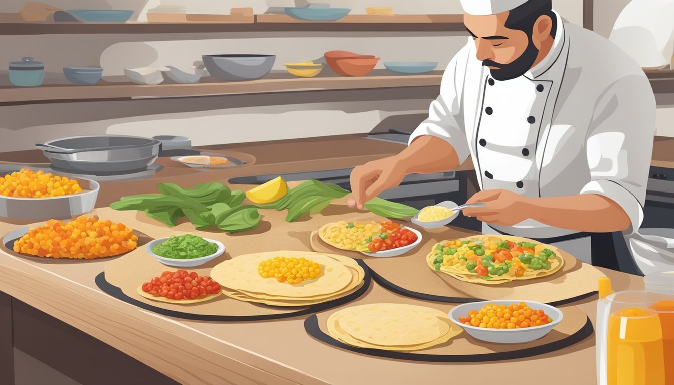 A chef assembling colorful ingredients on a flat, round corn tortilla to create a visually appealing and appetizing breakfast huarache