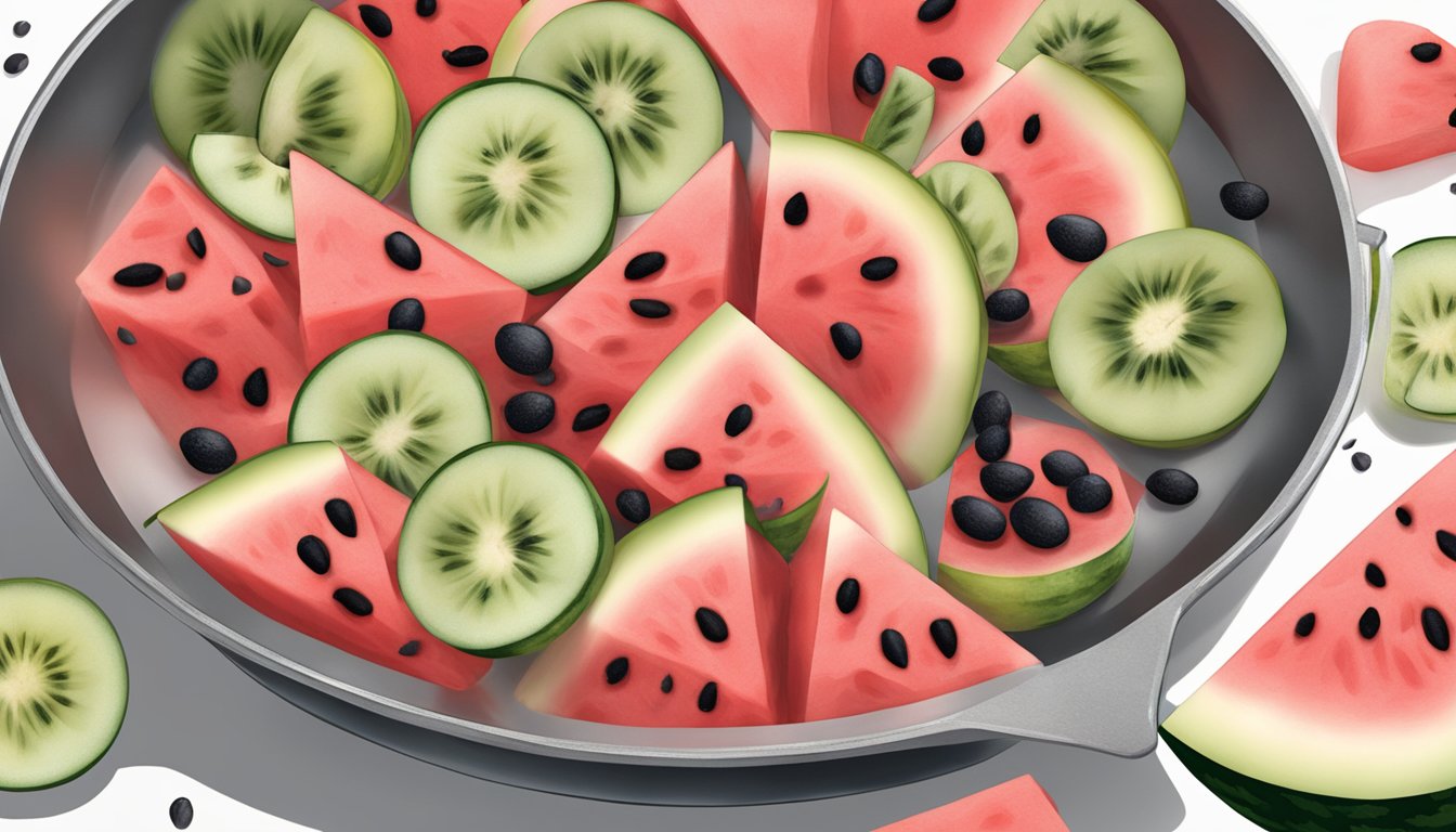 Watermelon seeds being roasted in a pan with various flavorings and oils added