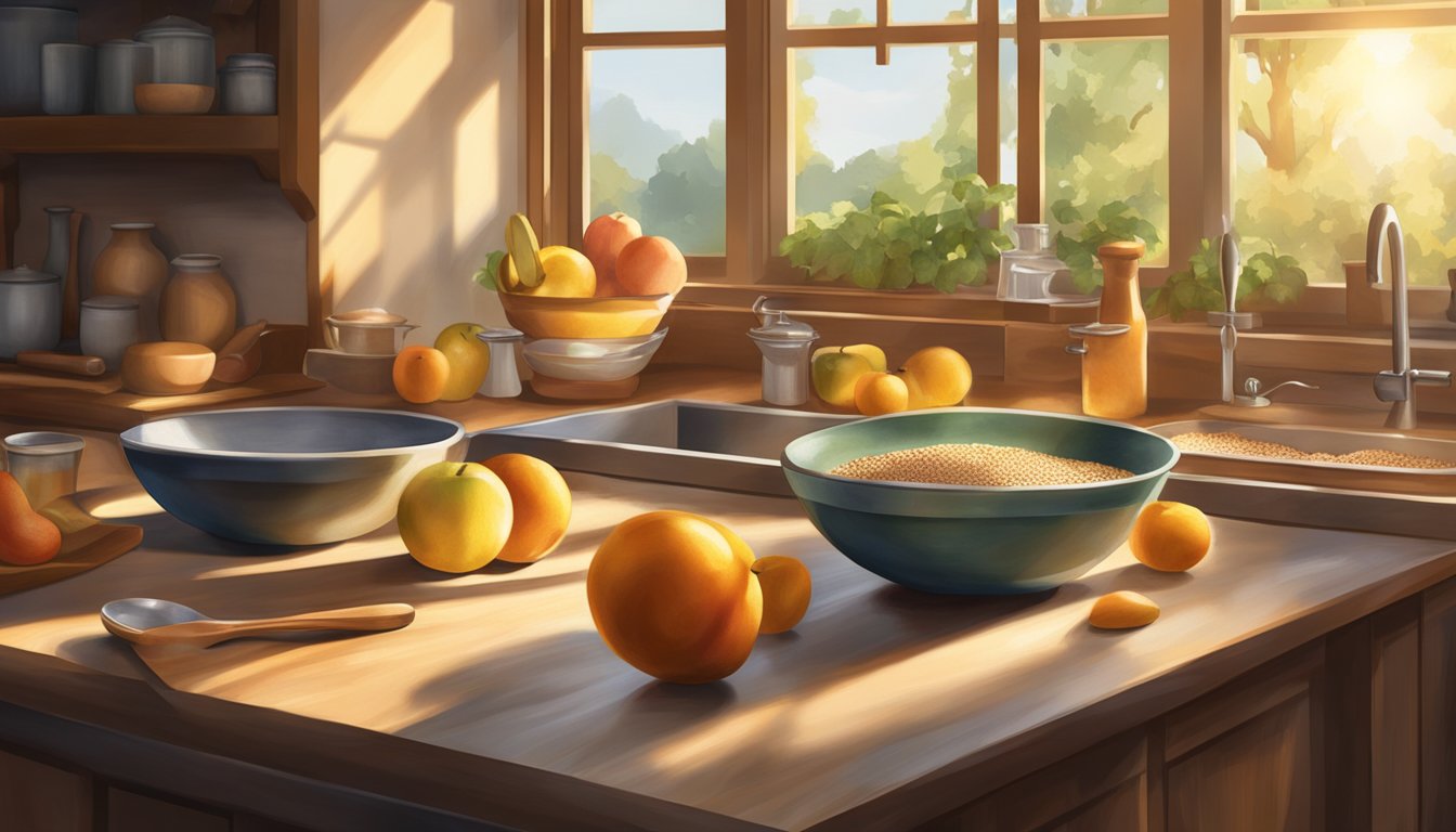 A rustic kitchen counter with bowls of emmer grains, fresh fruits, and cooking utensils. Sunlight streams in through a window, casting a warm glow on the ingredients