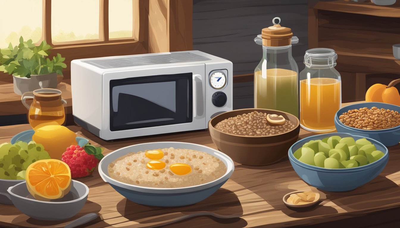 A steaming bowl of teff porridge sits on a rustic wooden table, surrounded by bowls of fresh fruit and jars of honey and nuts. A microwave and stovetop are visible in the background