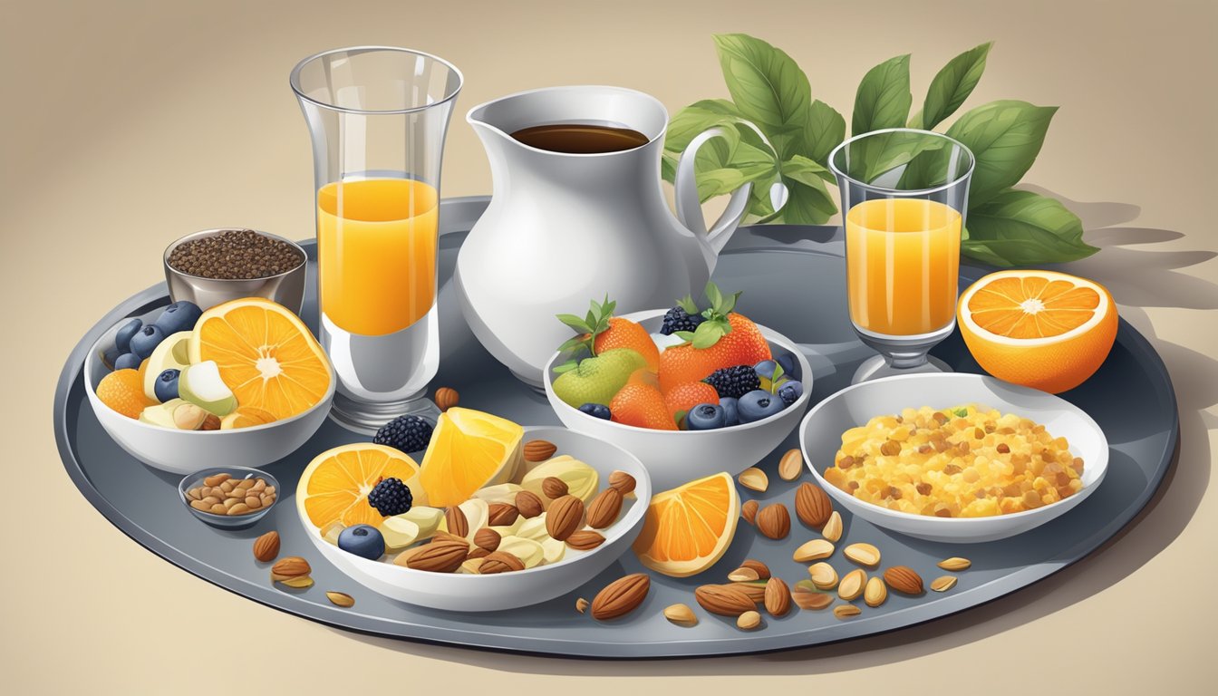 A table set with a variety of breakfast ingredients, including a bowl of emmer, fresh fruits, nuts, and seeds, with a glass of orange juice and a pot of tea