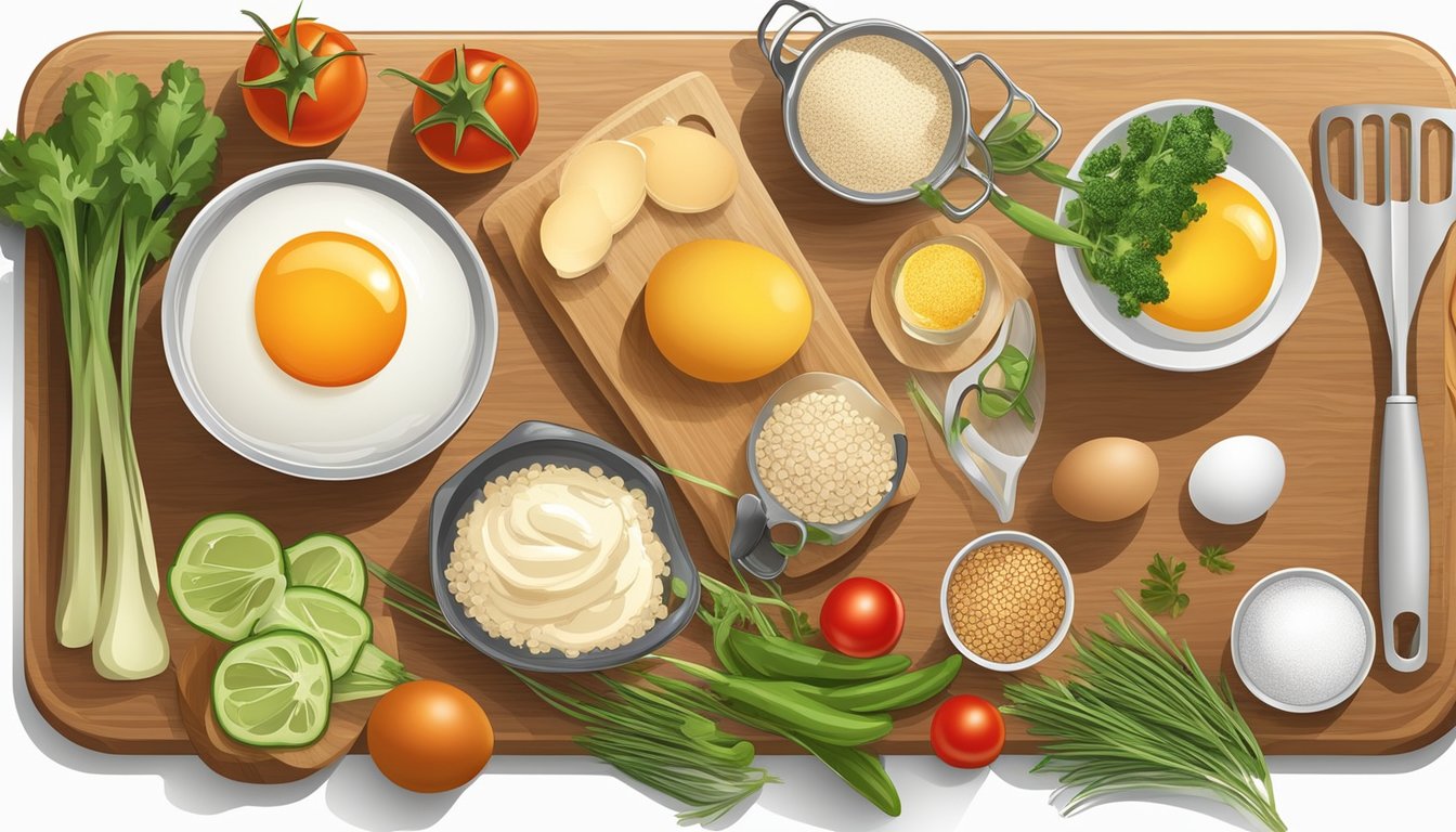 A wooden cutting board with a variety of fresh ingredients such as eggs, vegetables, and grains, along with a whisk, mixing bowl, and measuring cups