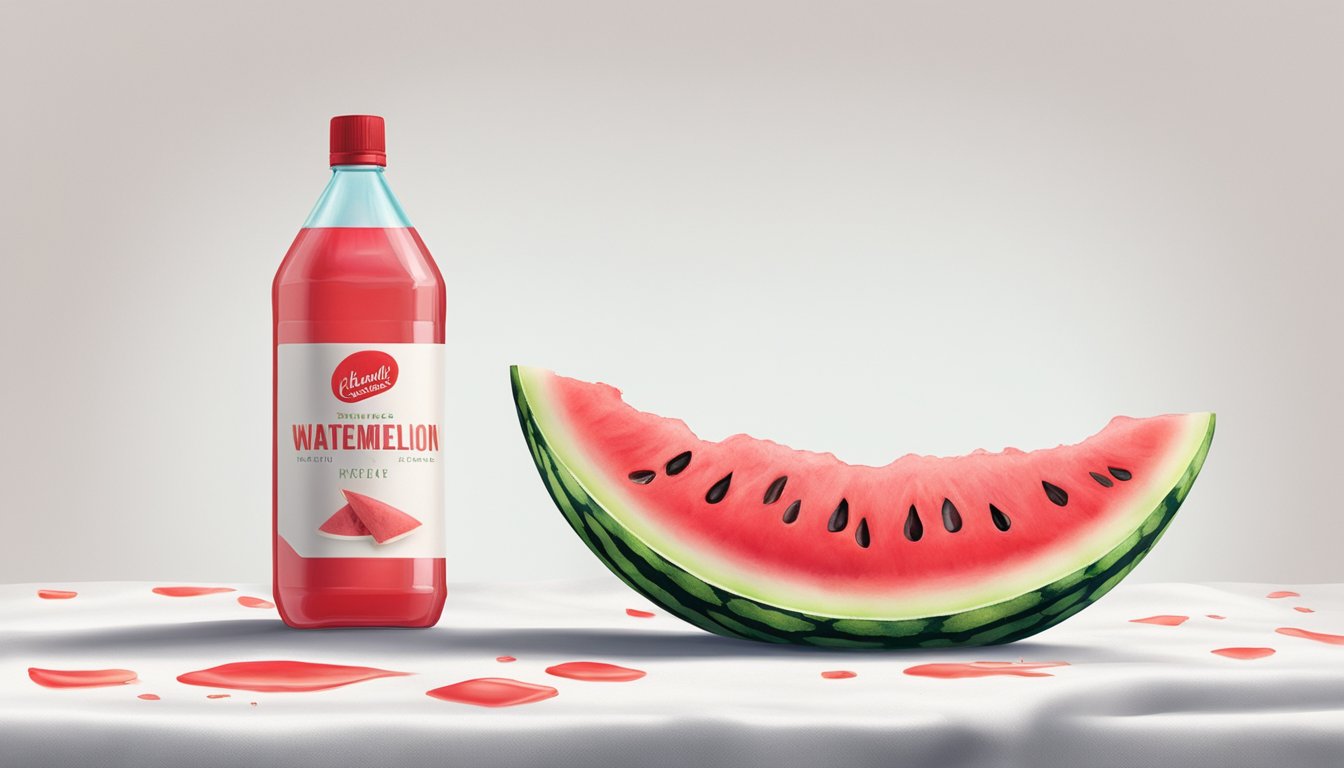 A watermelon slice on a white fabric, with red juice stains spreading and a bottle of stain remover nearby