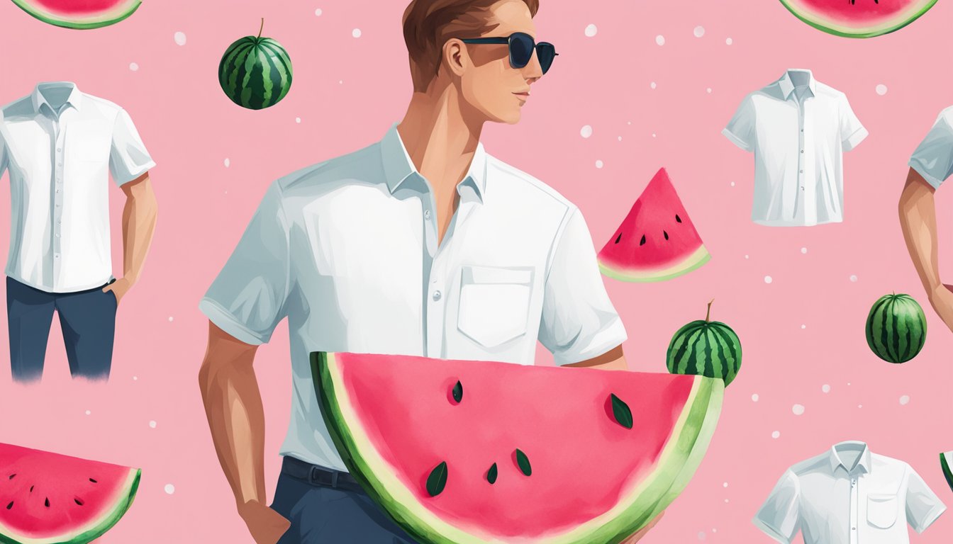 A watermelon slice spills onto a white shirt, leaving a bright pink stain