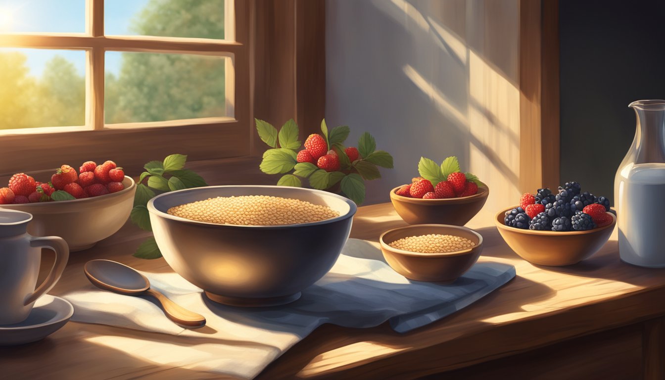 A rustic kitchen table with a bowl of cooked emmer grains, a pitcher of milk, a basket of fresh berries, and a wooden spoon. Sunlight streams through a window, casting warm shadows