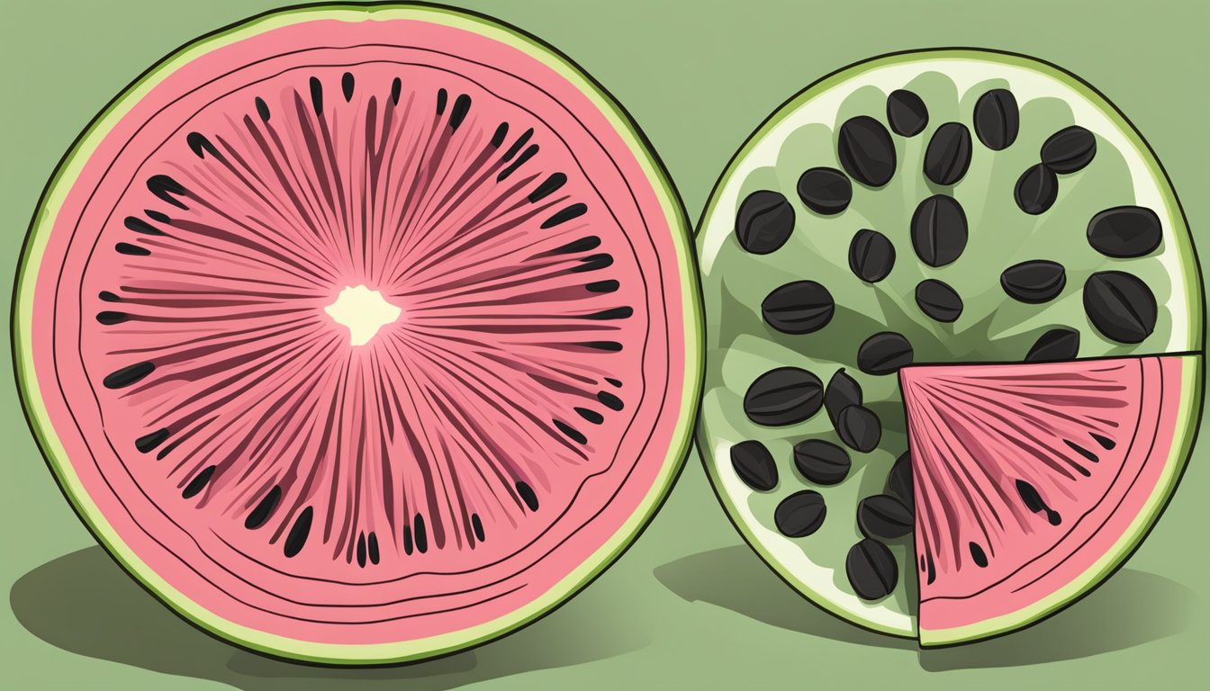 A watermelon sliced open, revealing its juicy pink flesh and black seeds, with a nutritional label next to it