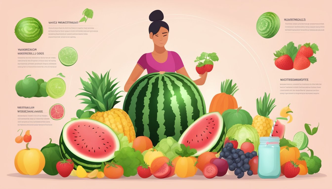 A whole watermelon surrounded by various fruits and vegetables, with a nutritional chart and a person preparing watermelon smoothies