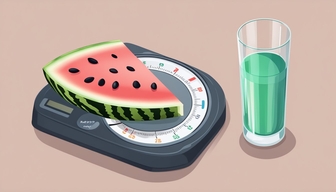 A watermelon slice on a scale, with a nutrition label and a glass of water nearby