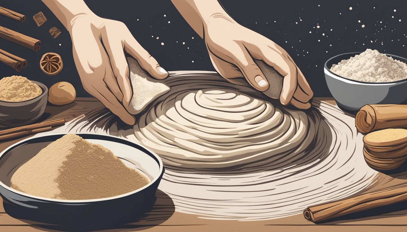 A pair of hands kneading dough on a floured surface, surrounded by ingredients such as flour, sugar, and cinnamon