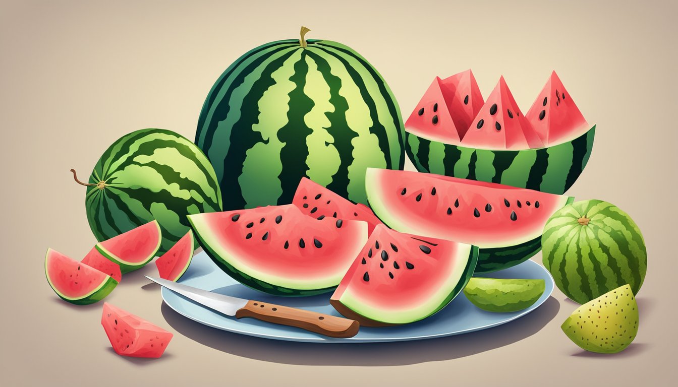 A colorful array of watermelon varieties, sliced and arranged with seeds and rinds, alongside a chef's knife and serving platter