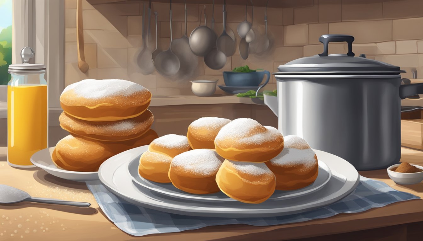 A cozy kitchen with flour, eggs, and a rolling pin on the counter. A pot of hot oil bubbles on the stove while a plate of freshly fried beignets sits nearby