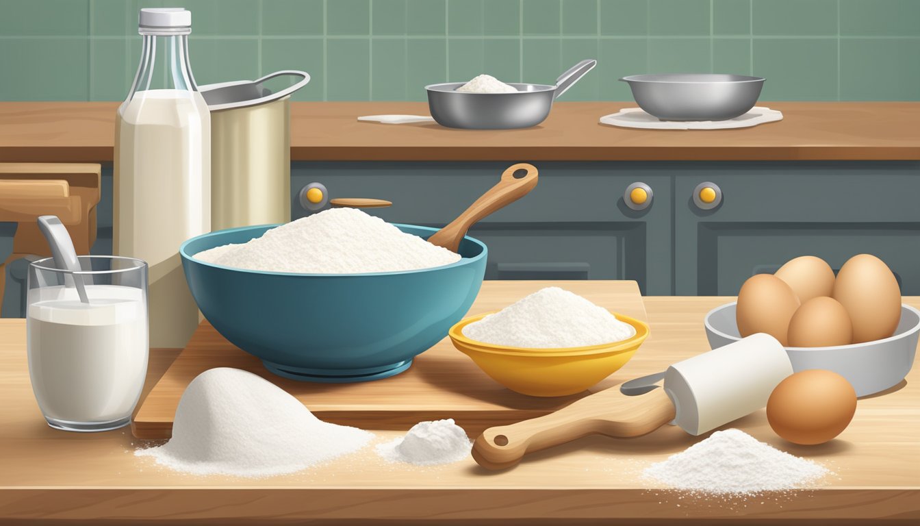 A kitchen counter with flour, eggs, milk, and a mixing bowl. A rolling pin, pastry cutter, and frying pan are nearby