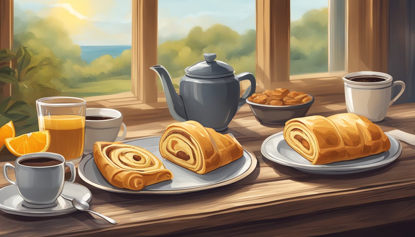 A rustic kitchen table with a freshly baked breakfast strudel, accompanied by a steaming cup of coffee and a glass of orange juice