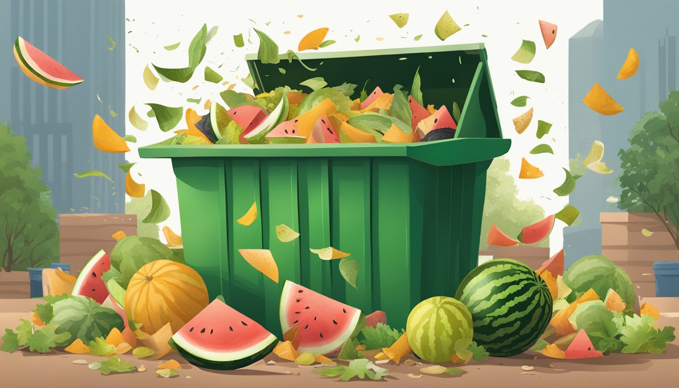 A watermelon rind being tossed into a compost bin surrounded by other food scraps and organic waste