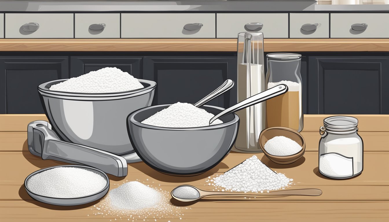 A kitchen counter with flour, yeast, sugar, salt, and a mixing bowl. A measuring cup and spoon sit nearby, ready to be used