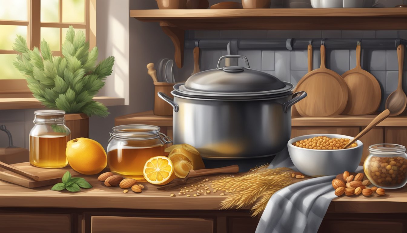 A rustic kitchen with a pot of kamut berries simmering on the stove, surrounded by ingredients like honey, nuts, and fresh fruit