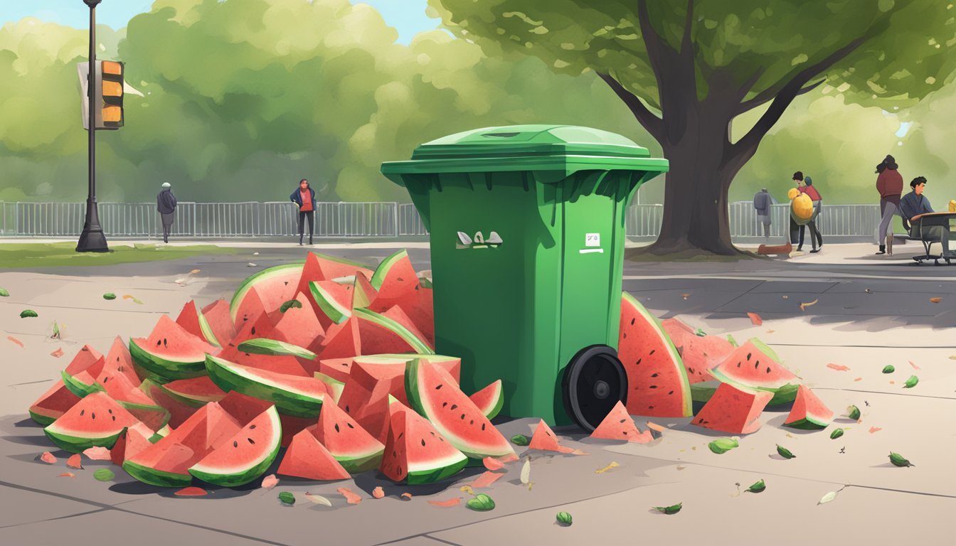 A pile of discarded watermelon rinds sits next to overflowing trash bins in a park, surrounded by flies and emitting a foul odor