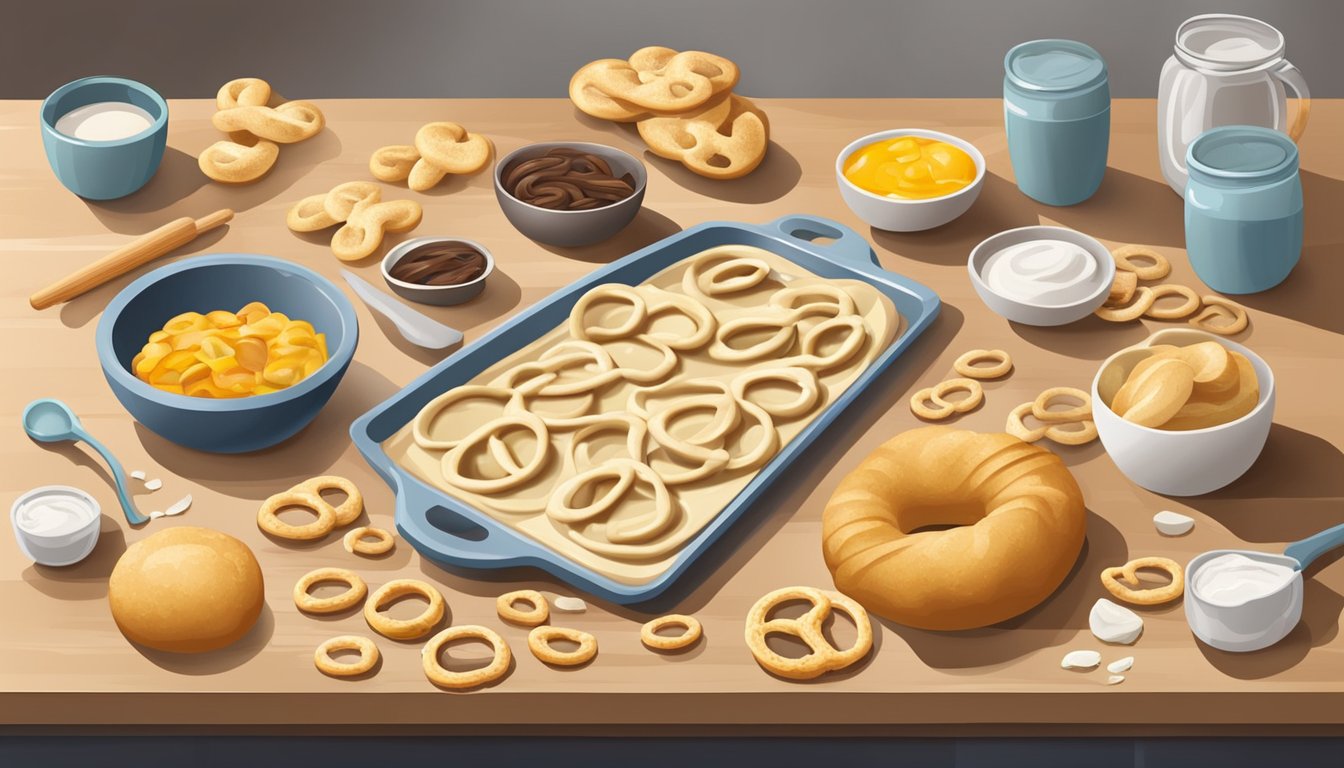 A kitchen counter with ingredients and utensils for making breakfast pretzels. Dough being rolled and shaped into pretzels