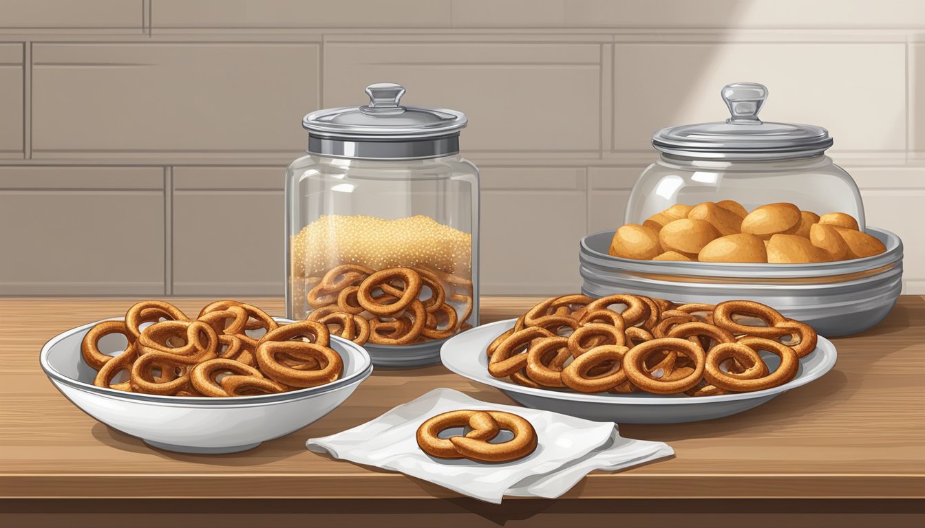 A kitchen counter with a plate of freshly baked pretzels, a sealed container for storing, and a bowl of salt for sprinkling