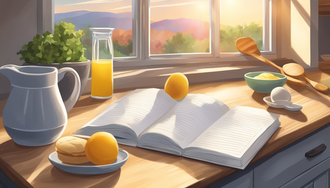 A kitchen counter with ingredients and utensils for making homemade breakfast kolaches. A recipe book open to the page on kolaches. Sunrise streaming through the window