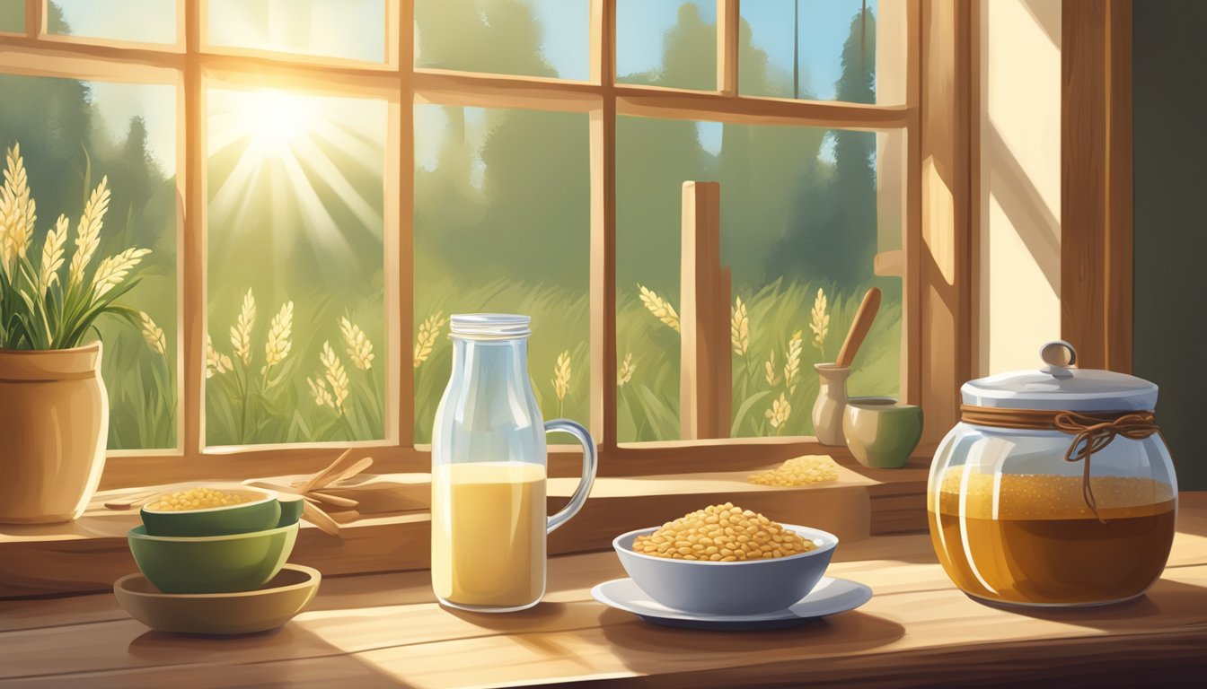 A rustic kitchen with a wooden table set with a bowl of kamut berries, a jar of honey, and a pitcher of milk, surrounded by sunlight streaming through a window