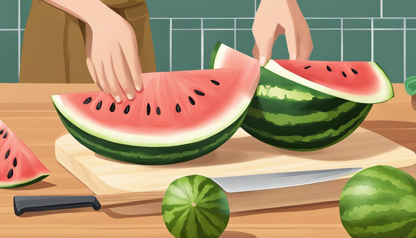 A watermelon rind being carefully cut and prepared for consumption, with a knife and cutting board on a kitchen counter