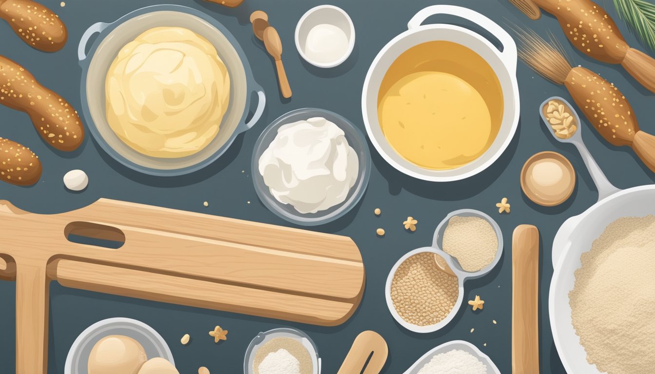 A kitchen counter with ingredients and utensils for making breakfast pretzels. A mixing bowl, flour, yeast, and a rolling pin are present