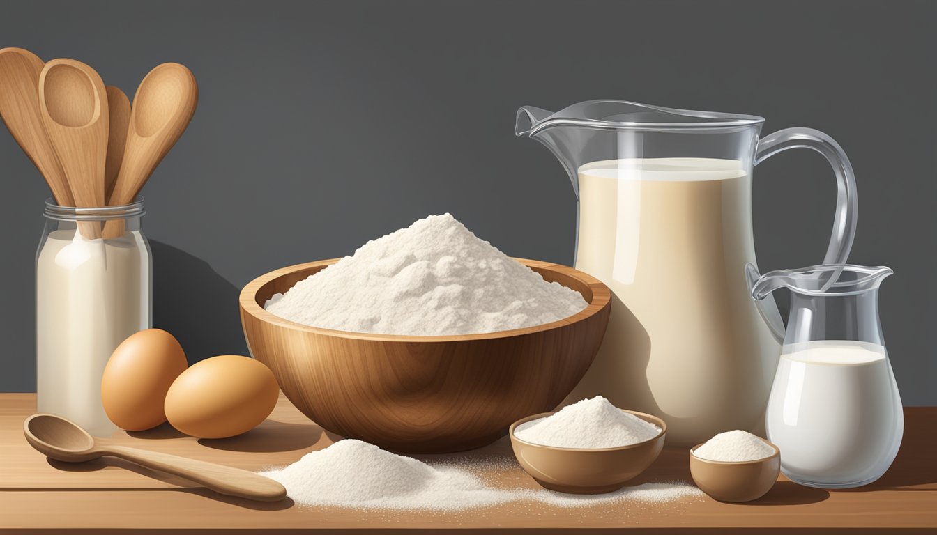 A wooden mixing bowl filled with flour, yeast, sugar, and eggs, next to a pitcher of warm milk and a spoon, all on a kitchen counter