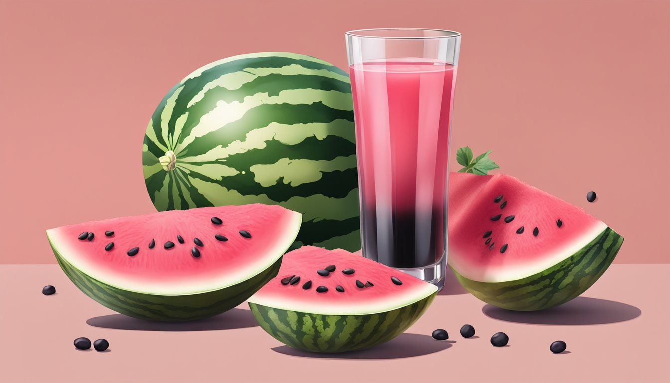 A watermelon sliced open, showcasing its vibrant pink flesh and black seeds, with a glass of watermelon juice beside it