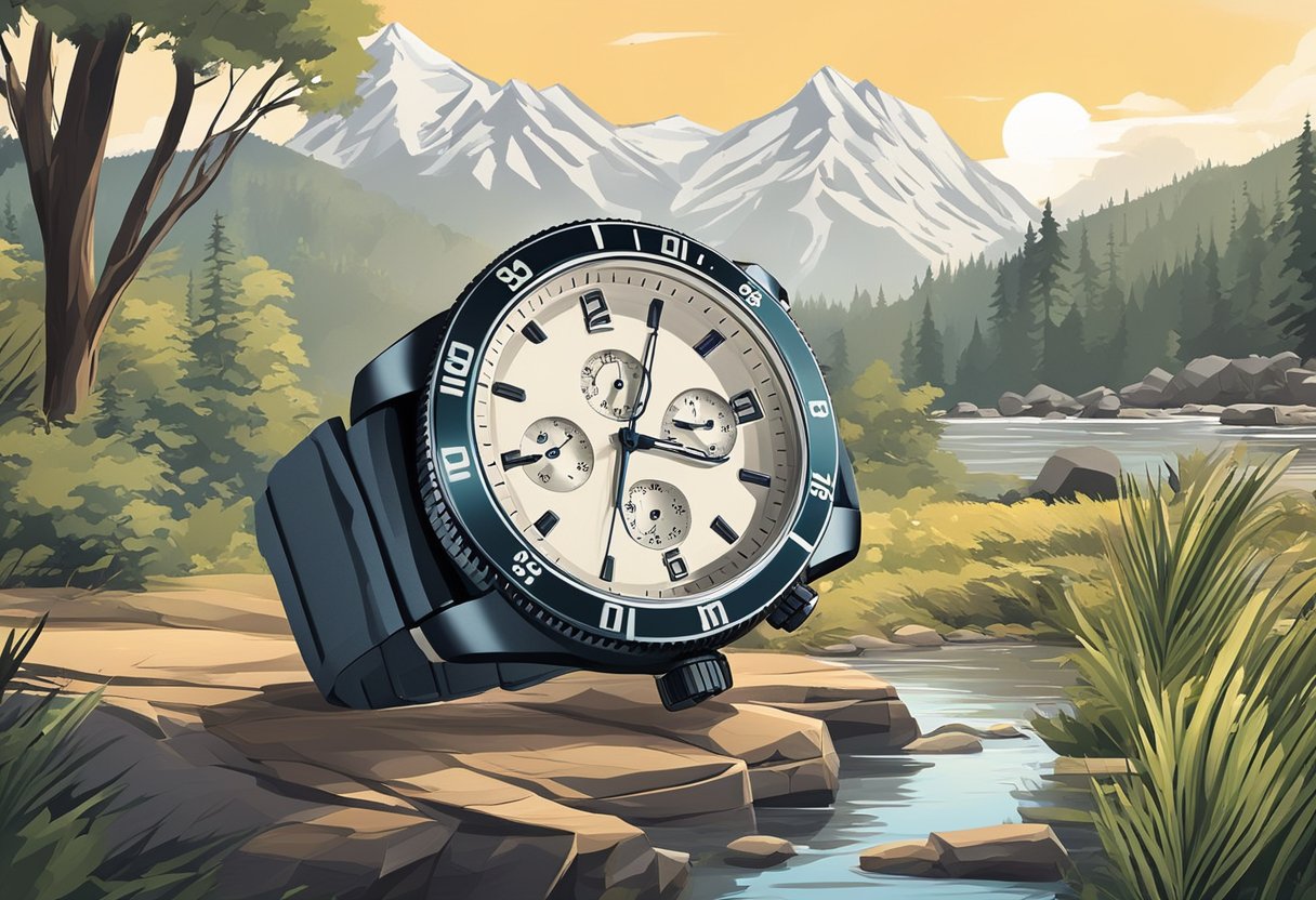 A wristwatch with a rugged design and advanced features is displayed against a backdrop of outdoor activities and nature