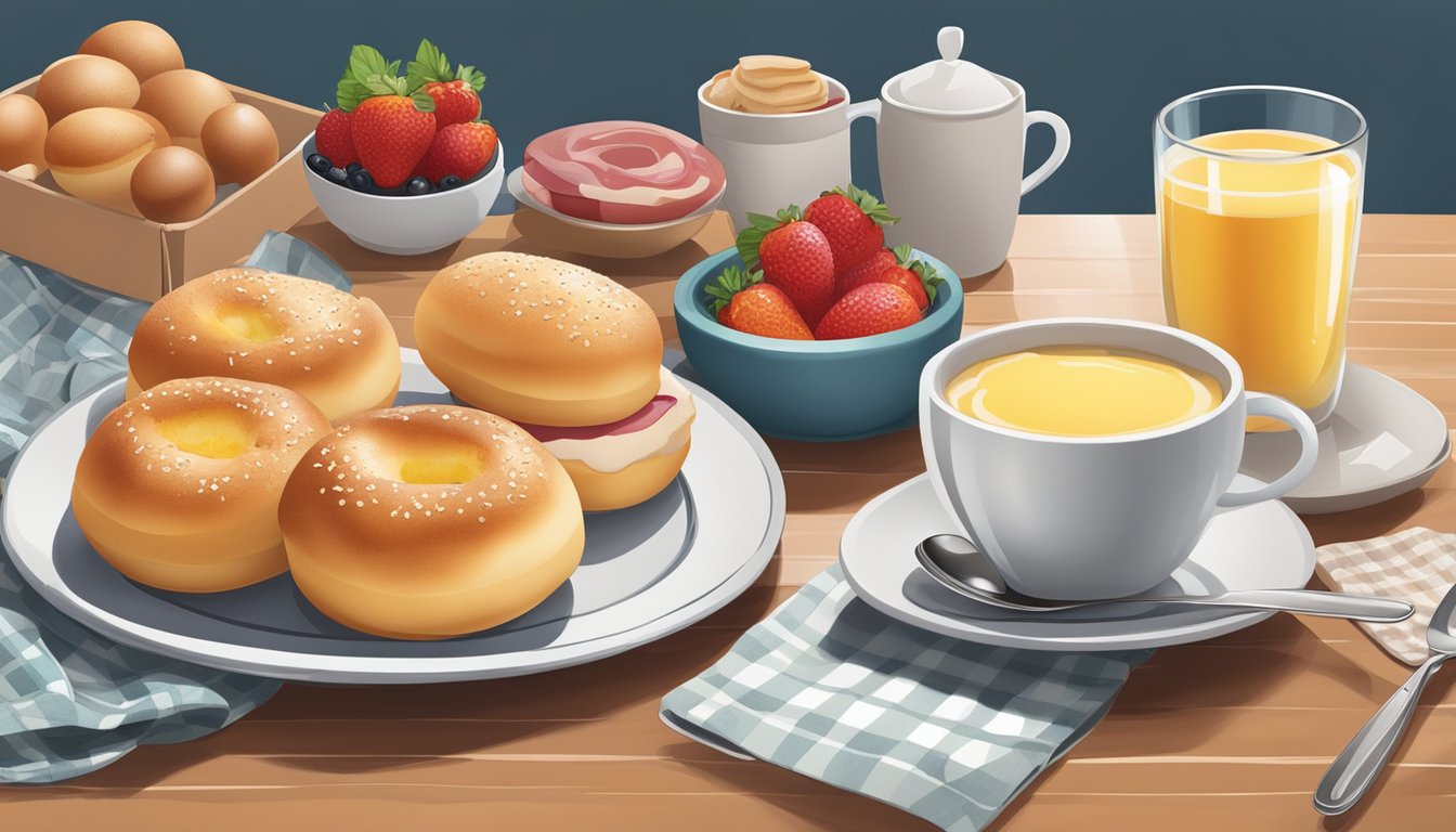 A kitchen counter with freshly baked breakfast kolaches, surrounded by ingredients like eggs, cheese, and ham. A cup of coffee and a plate of fruit sit nearby