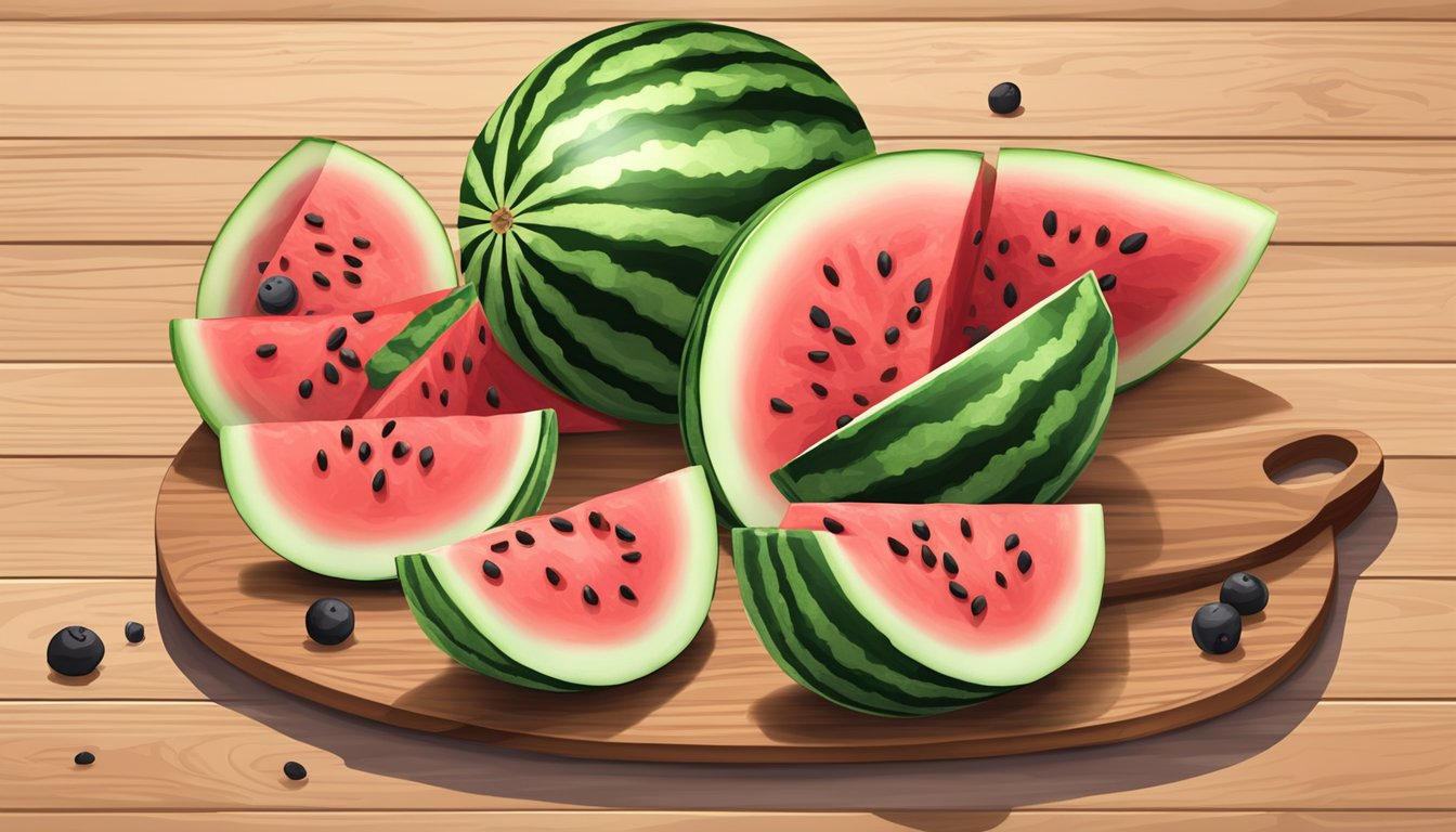 A ripe watermelon sliced into wedges with seeds scattered on a wooden cutting board