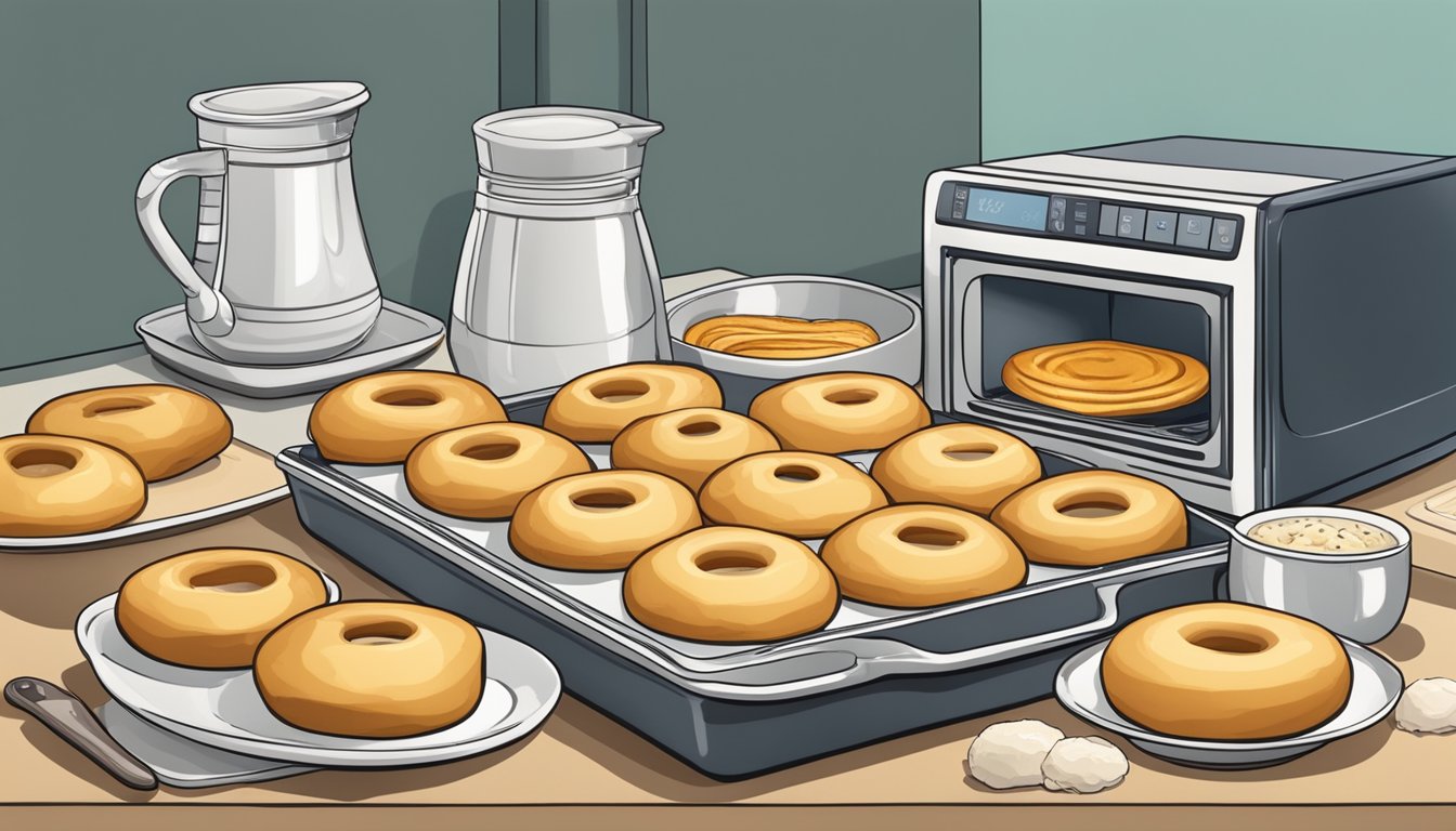 A kitchen counter with a tray of freshly baked kolaches and a microwave for reheating. Ingredients and utensils scattered around