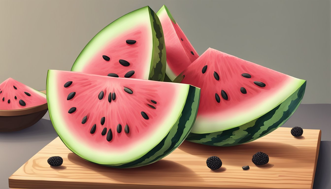 A ripe watermelon sliced open, with vibrant pink flesh and black seeds, sitting on a wooden cutting board