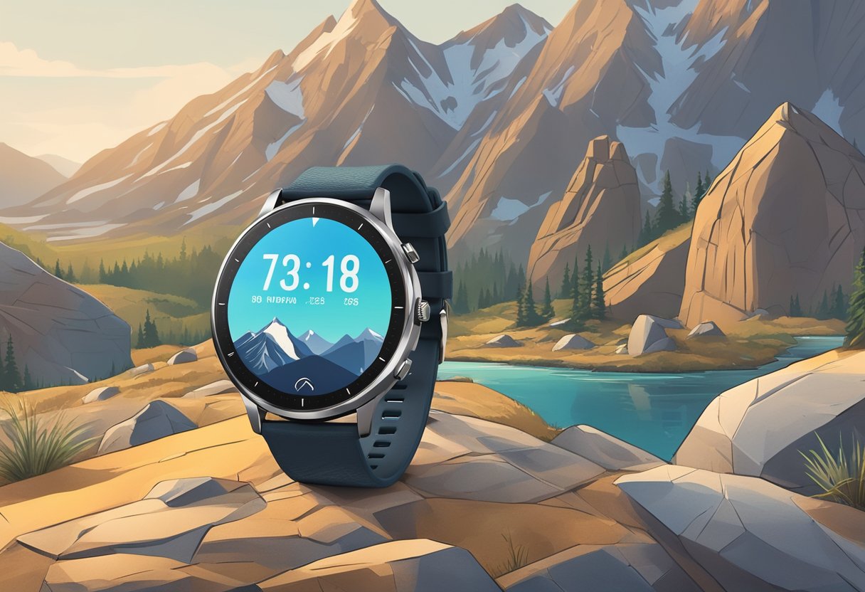 A rugged mountain landscape with a sleek, modern smartwatch displayed prominently on a rock, surrounded by advanced outdoor gear and technology