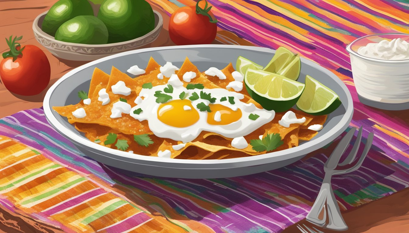 A steaming plate of chilaquiles rojos, adorned with crumbled cheese, diced onions, and a dollop of sour cream, sits on a colorful Mexican tablecloth