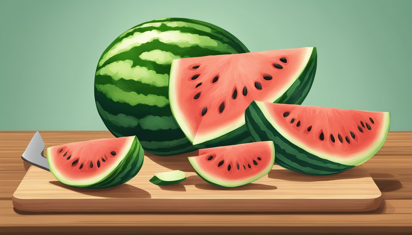 A watermelon being sliced into wedges on a wooden cutting board